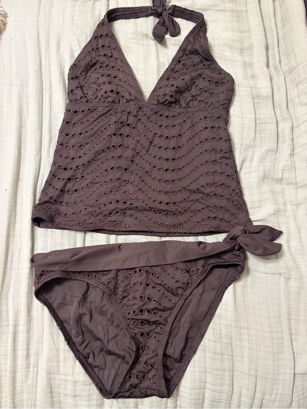 La Blanca Brown‎ Eyelet Tankini with Tie-Side Bikini Bottom size 8